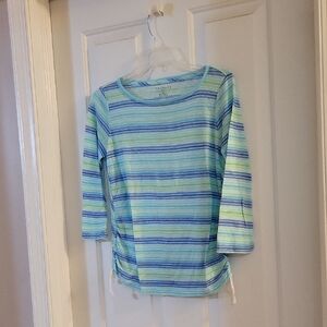 Talbots Blue and Green Fitted Ribbed 3/4 Sleeve With Ties At Sides Small Petite